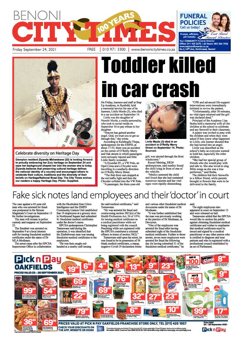 Benoni City Times 24 September 2021 page 1