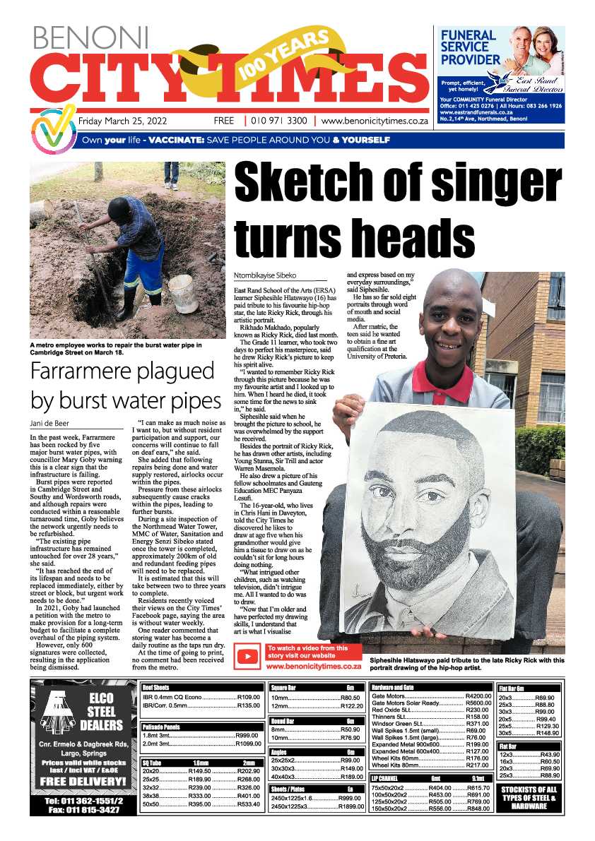 Benoni City Times 25 March 2022 page 1