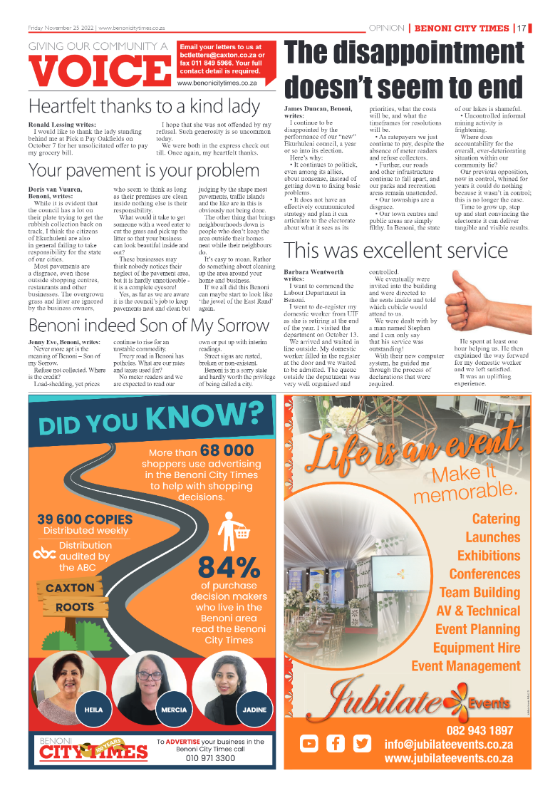 Benoni City Times 25 Nov 2022 page 17