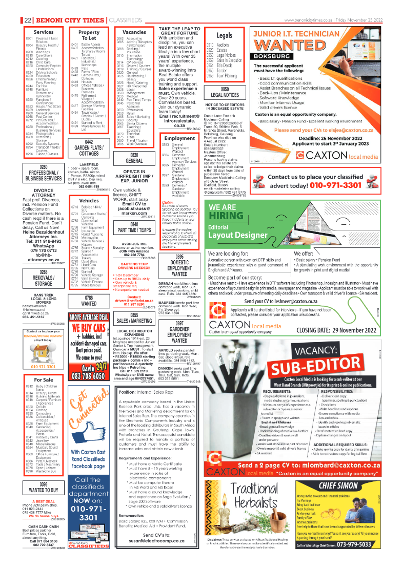Benoni City Times 25 Nov 2022 page 22