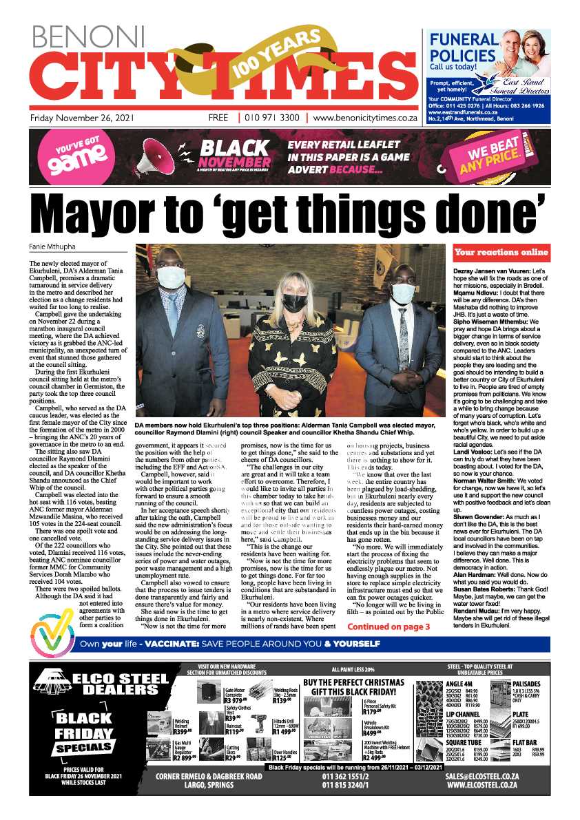 Benoni City Times 26 November 2021 page 1