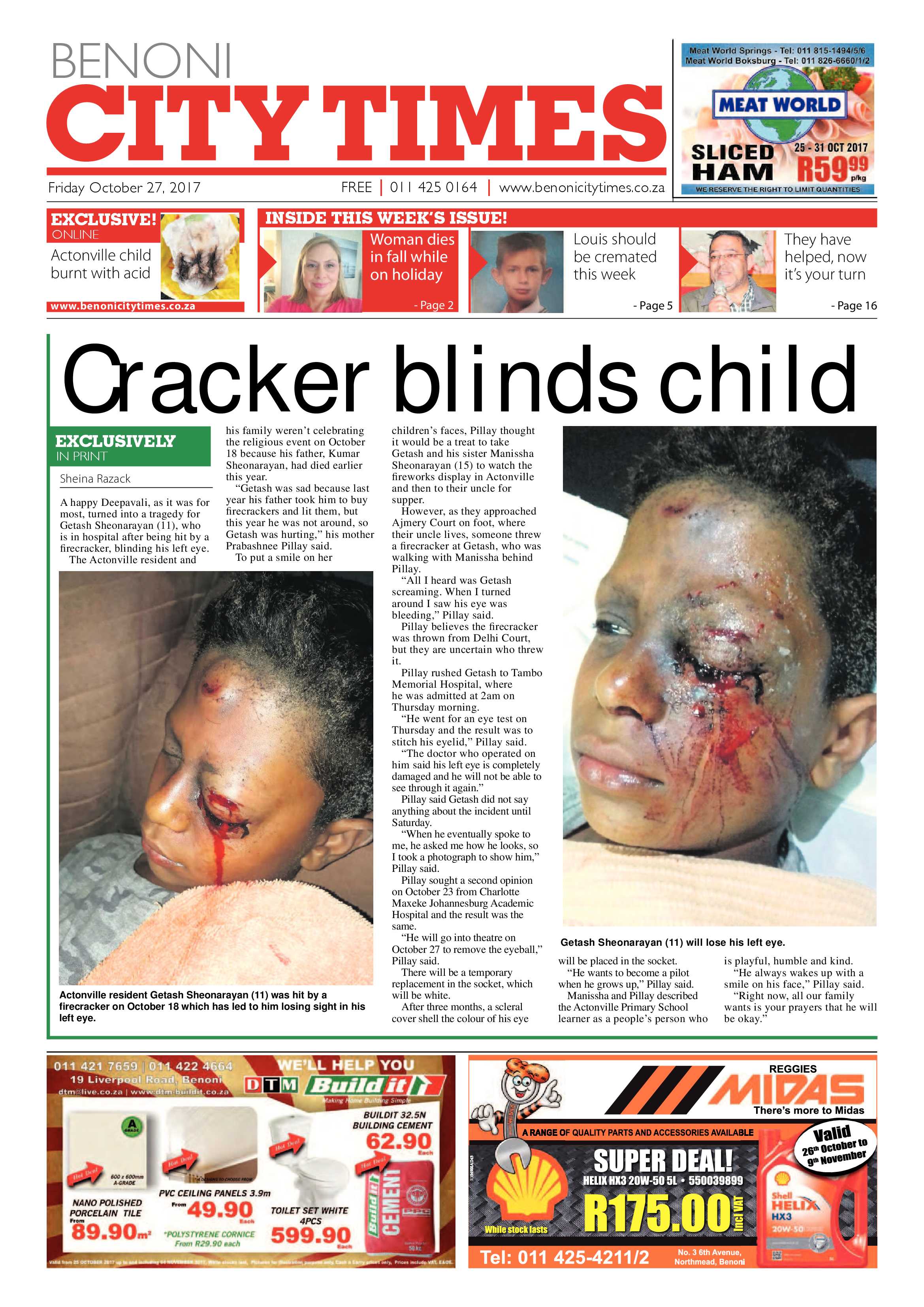 Benoni City Times 26 October 2017 page 1