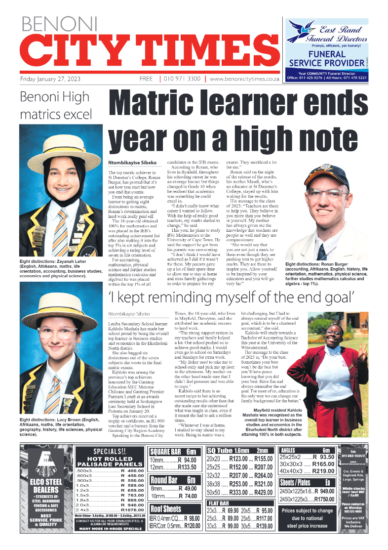 Benoni City Times 27 January 2023 page 1