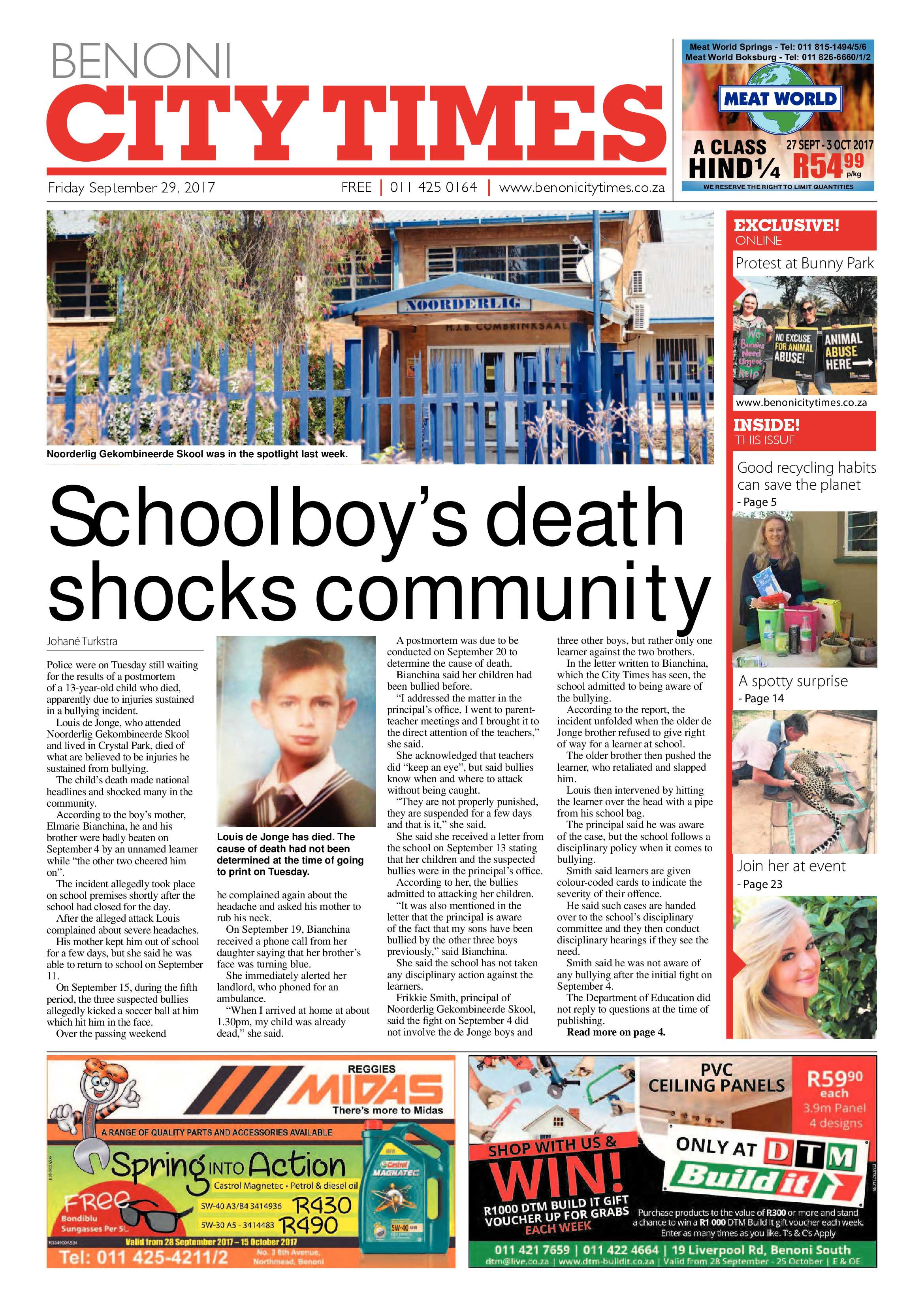 Benoni City Times 28 September 2017 page 1