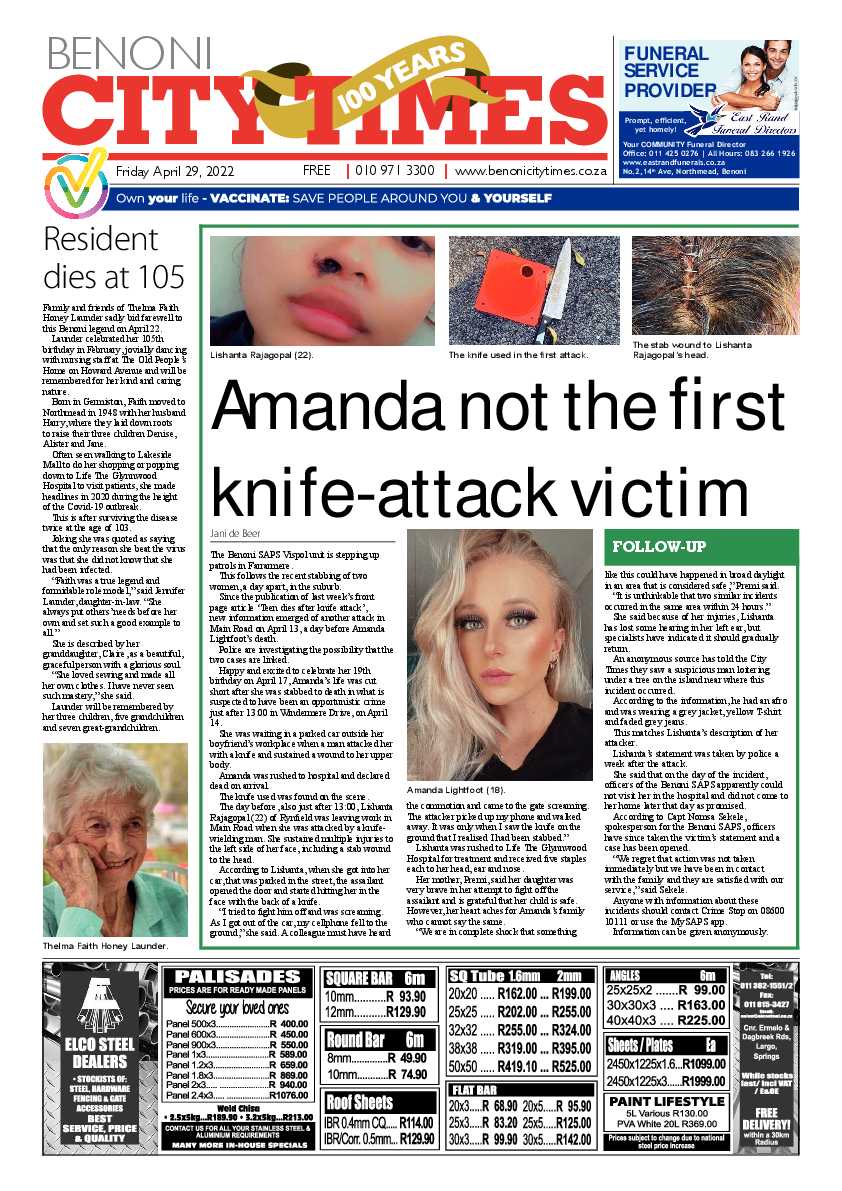 Benoni City Times 29 April 2022 page 1