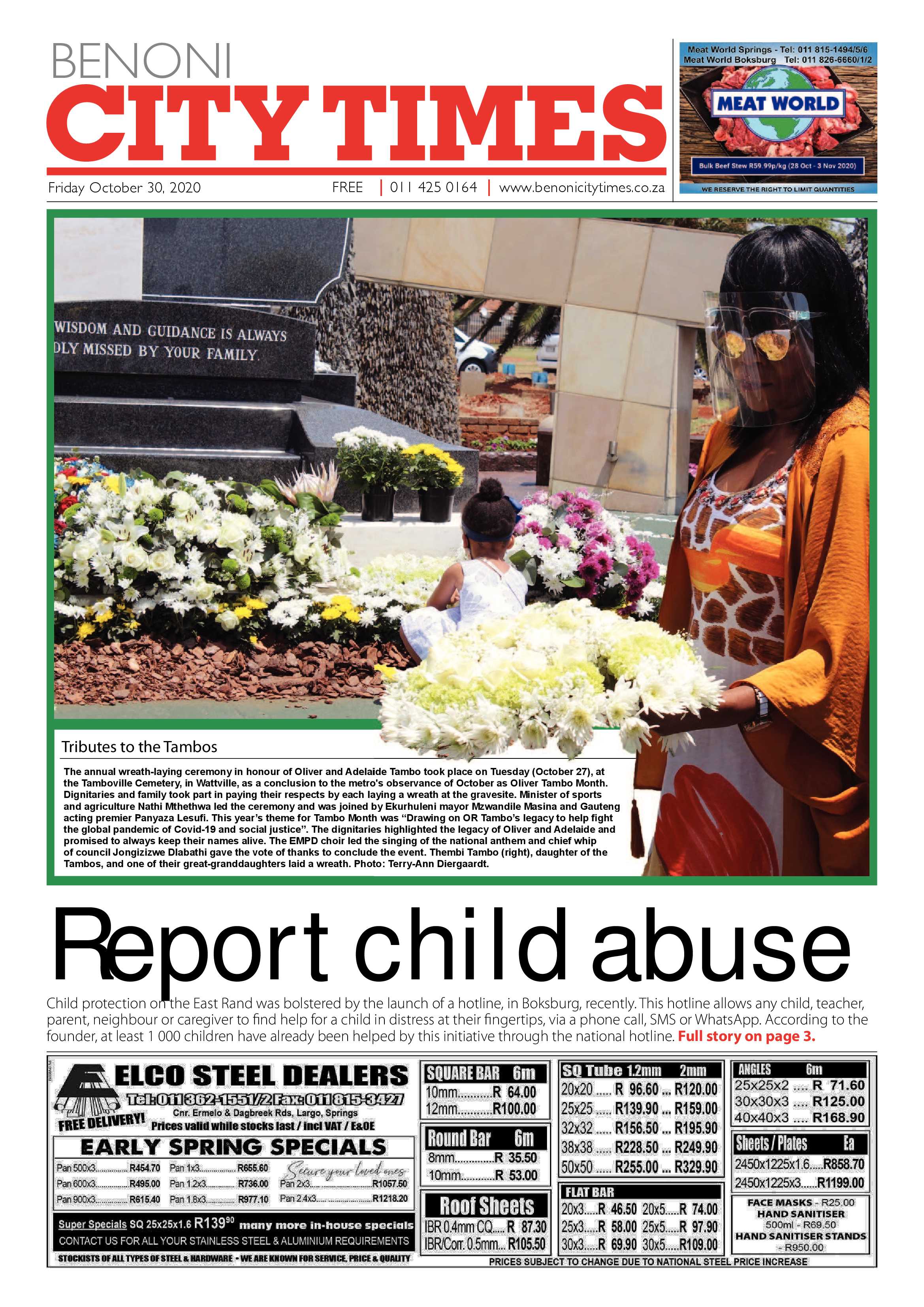 Benoni City Times 29 October 2020 page 1