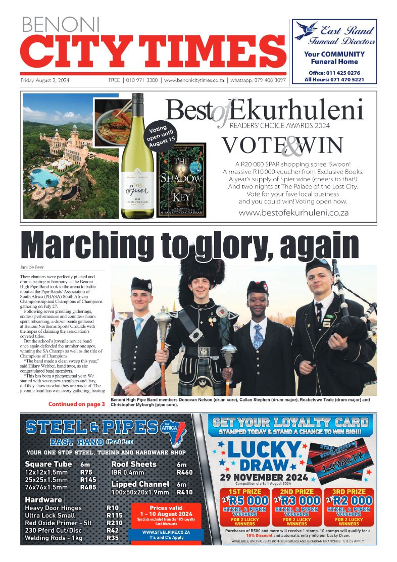 Benoni City Times 2 August 2024 page 1