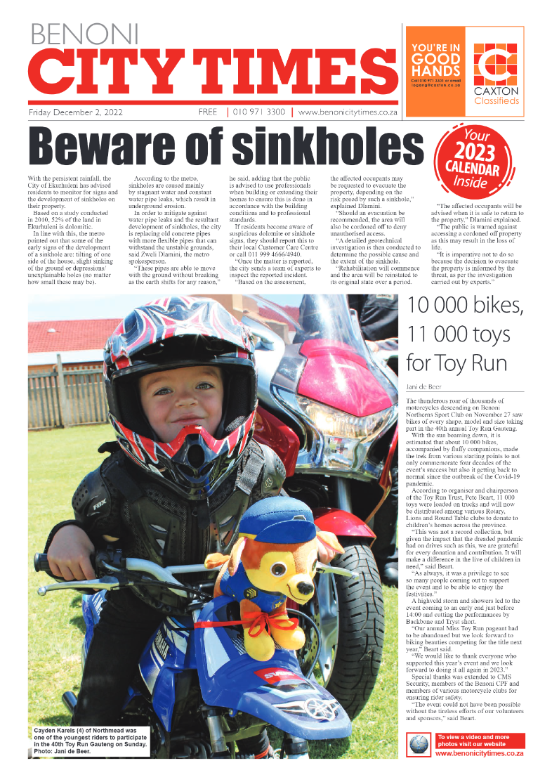 Benoni City Times 2 Dec 2022 page 1