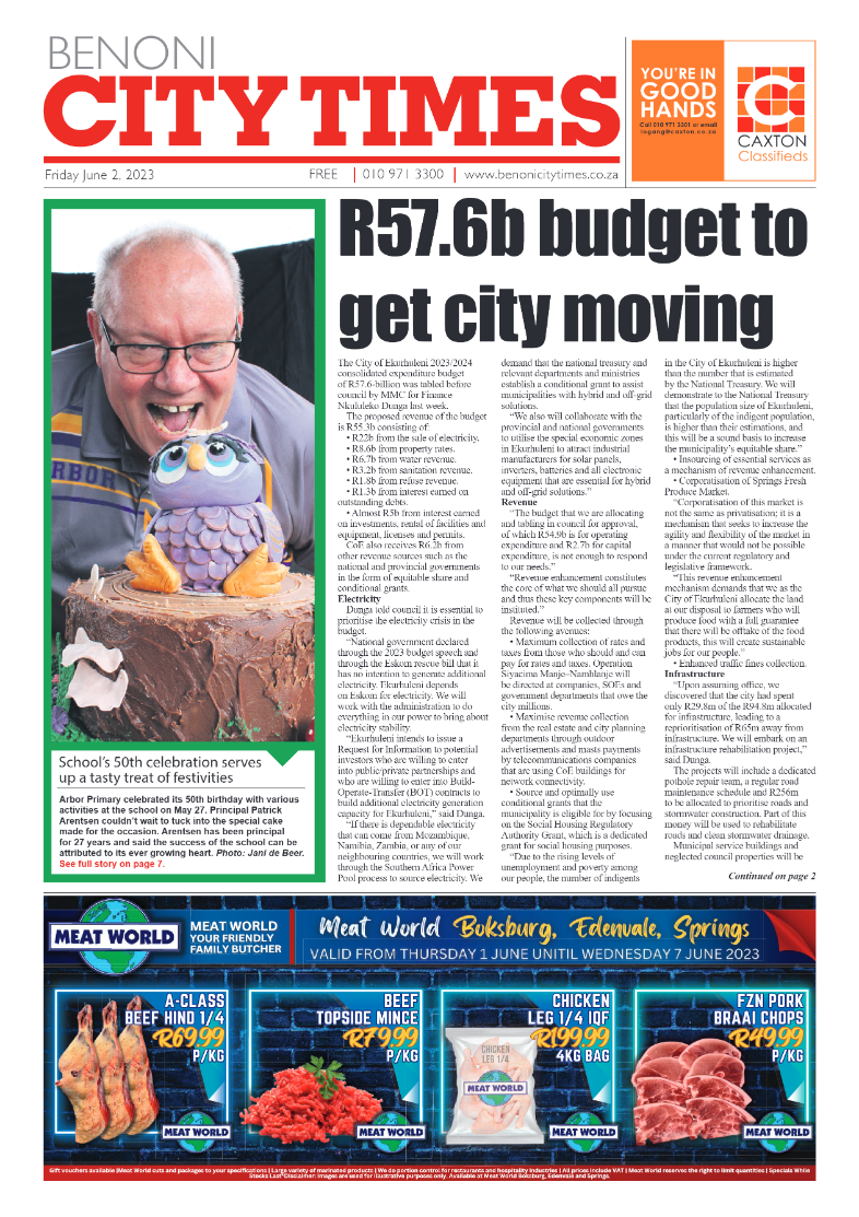 Benoni City Times 2 June 2023 page 1