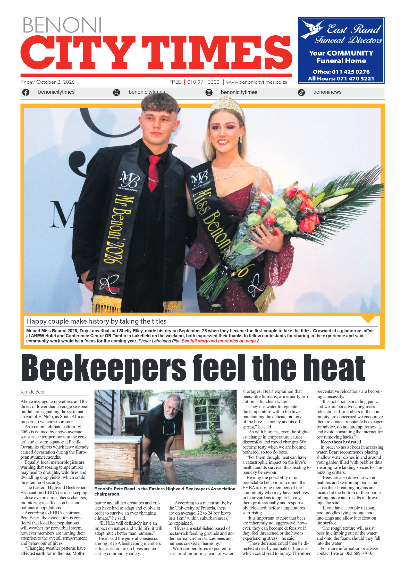 Benoni City Times 2 October 2026 page 1