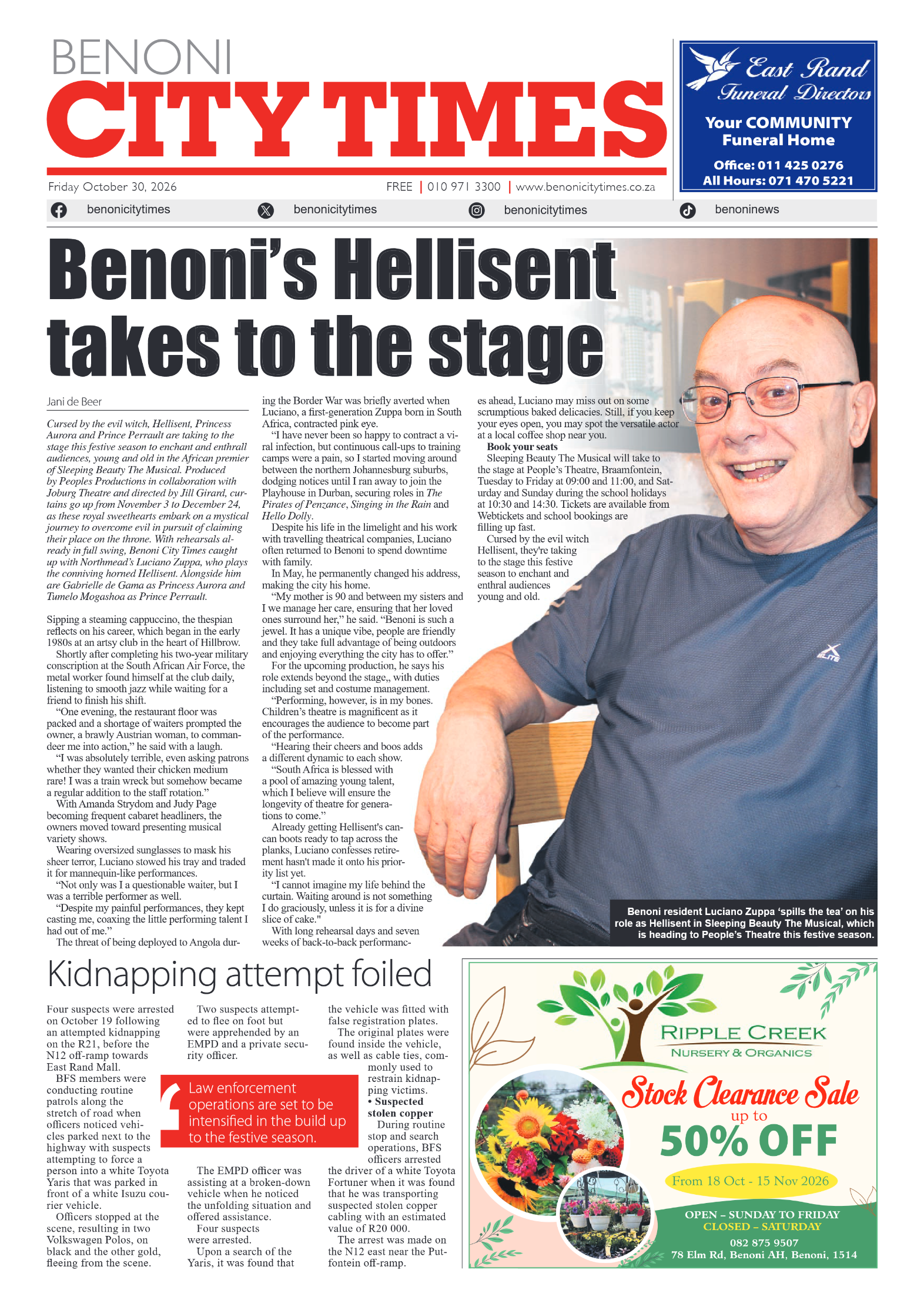 Benoni City Times 30 October 2026 page 1