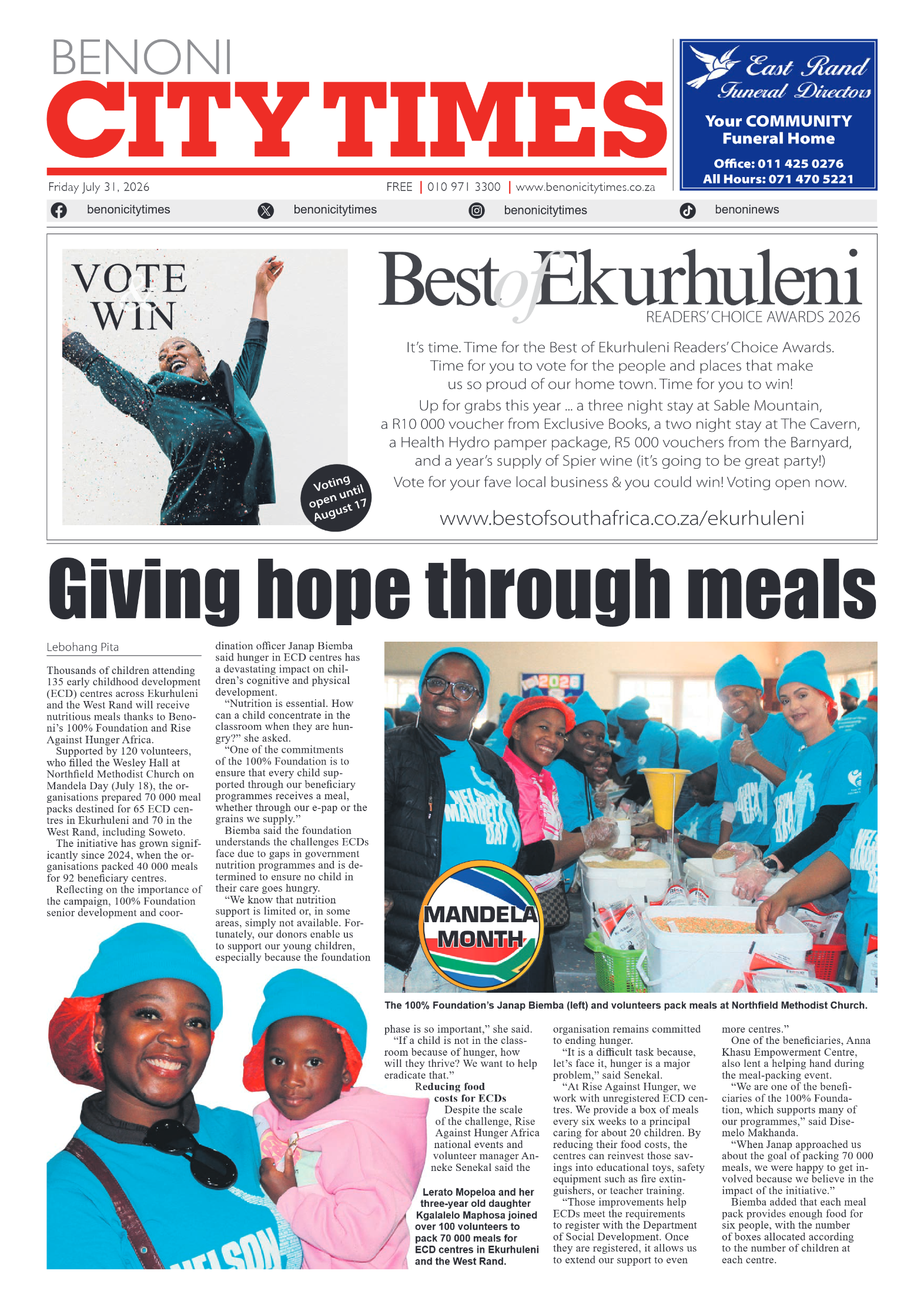 Benoni City Times 31 July 2026 page 1