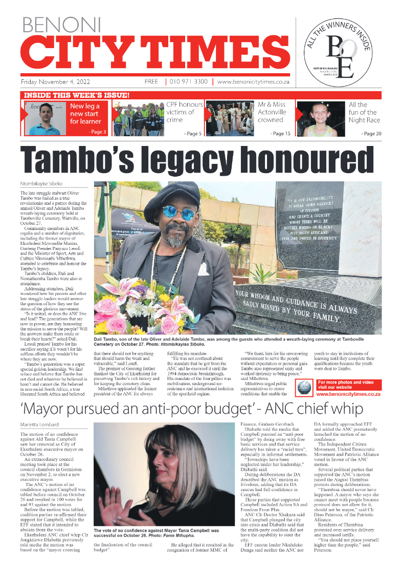 Benoni City Times 4 Nov 2022 page 1