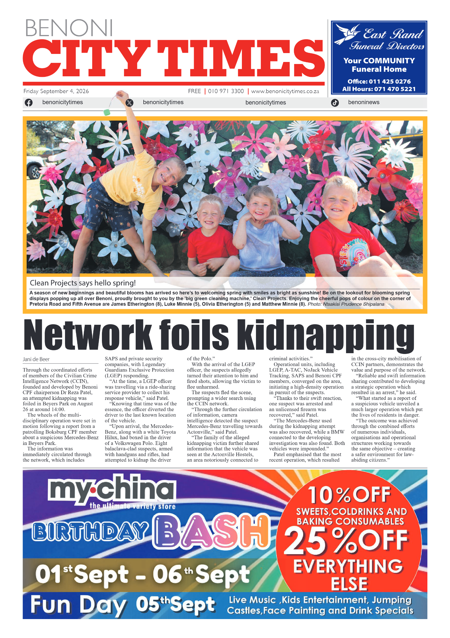 Benoni City Times 4 September 2026 page 1