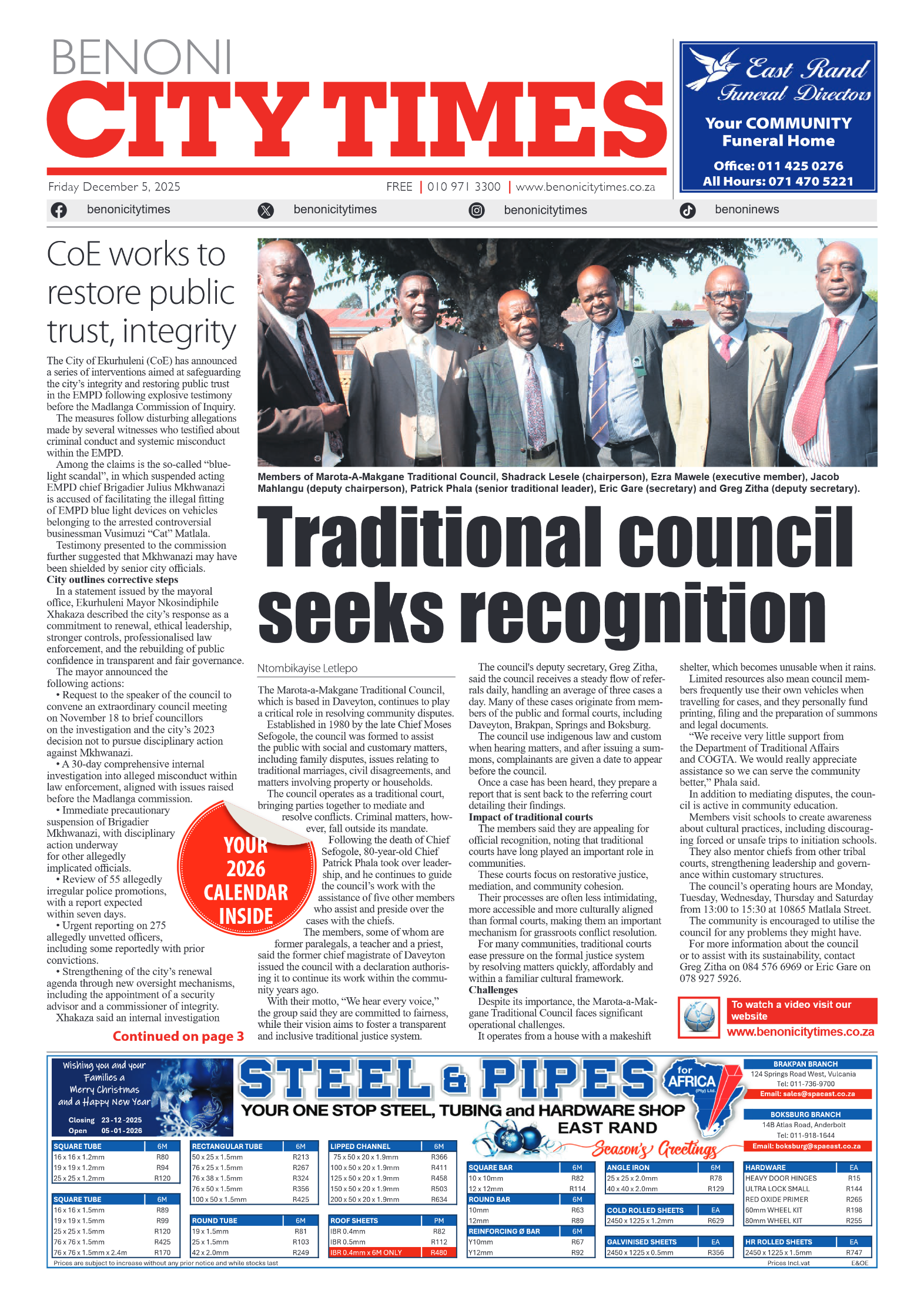 Benoni City Times 5 December 2025 page 1