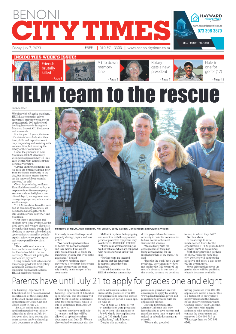 Benoni City Times 7 July  2023 page 1