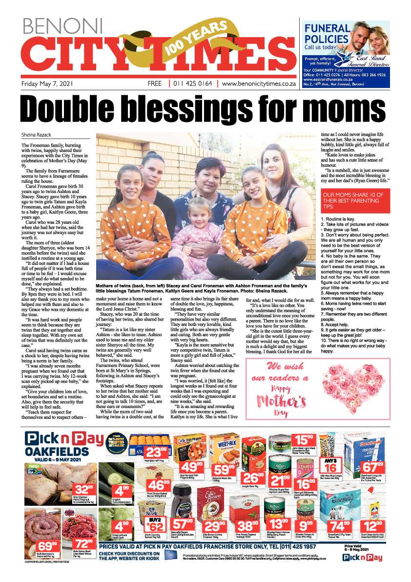 Benoni City Times 7 May 2021 page 1