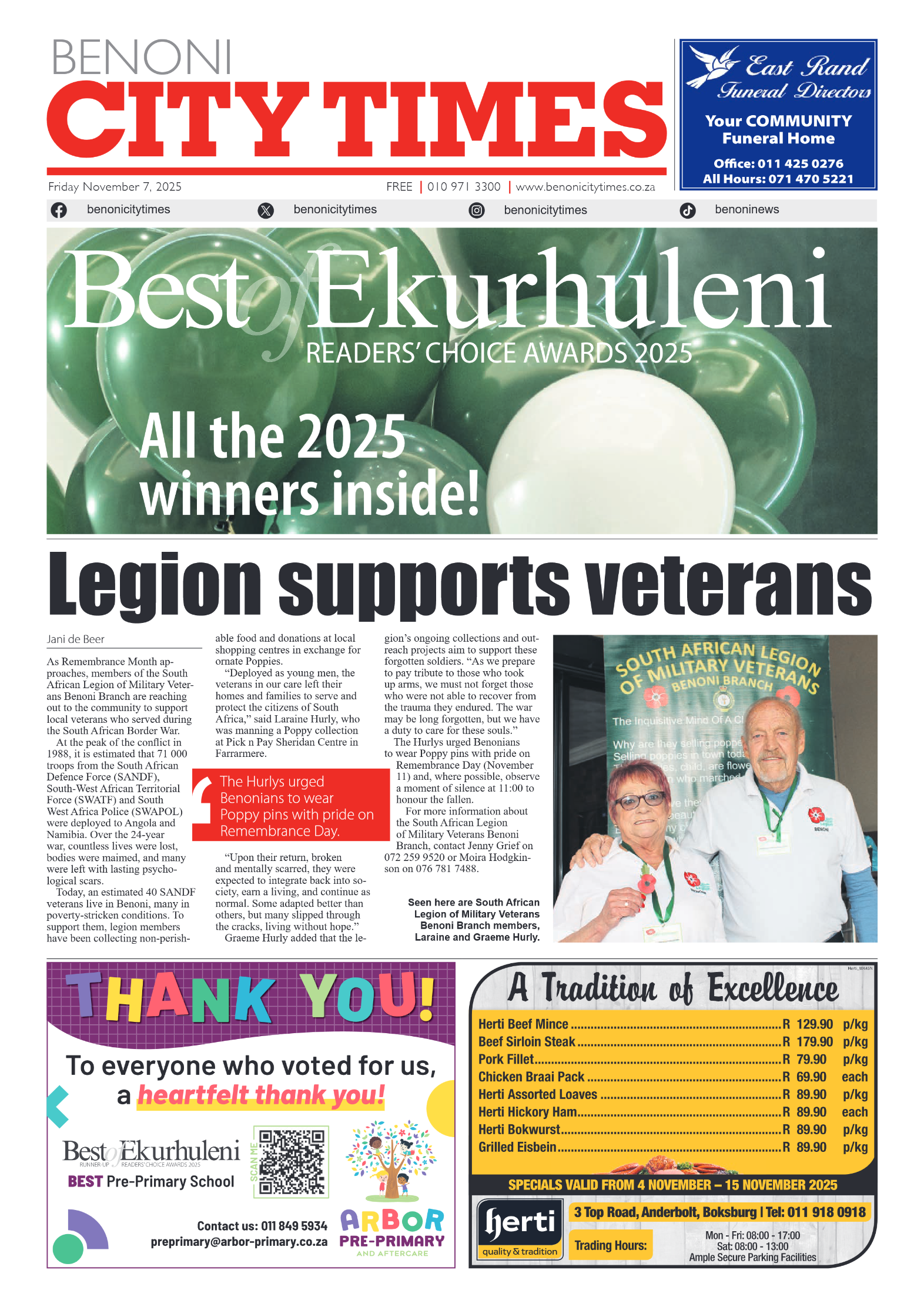 Benoni City Times 7 November 2025 page 1