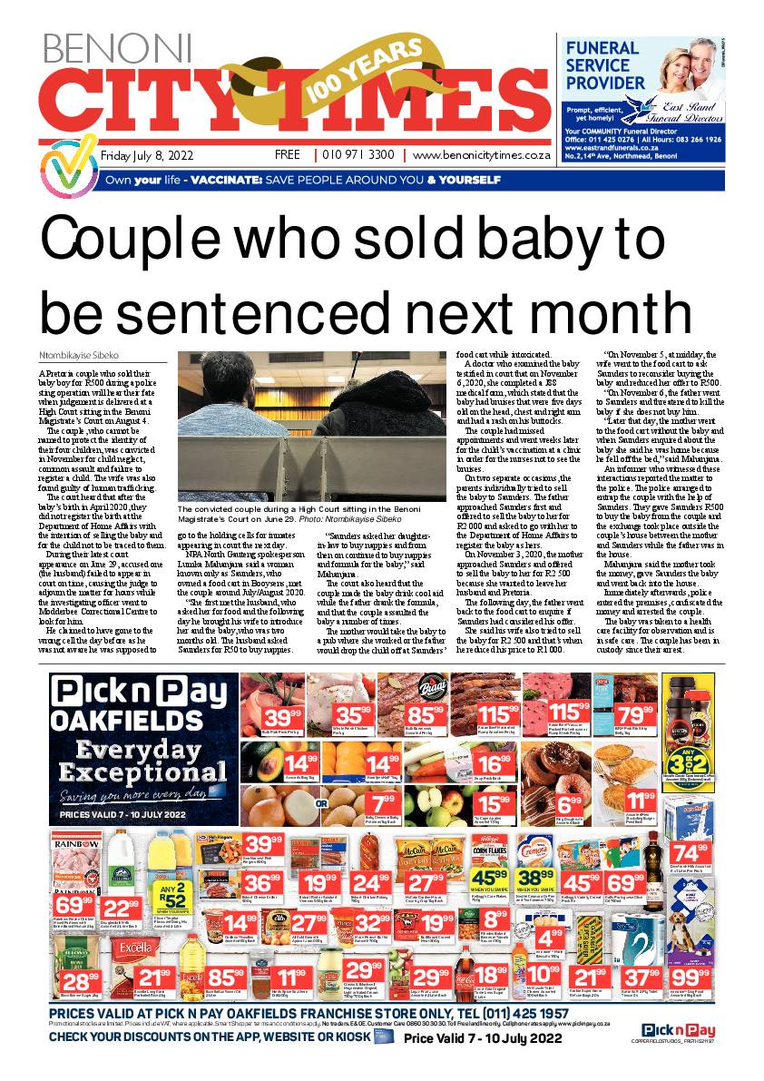 Benoni City Times 8 July 2022 page 1
