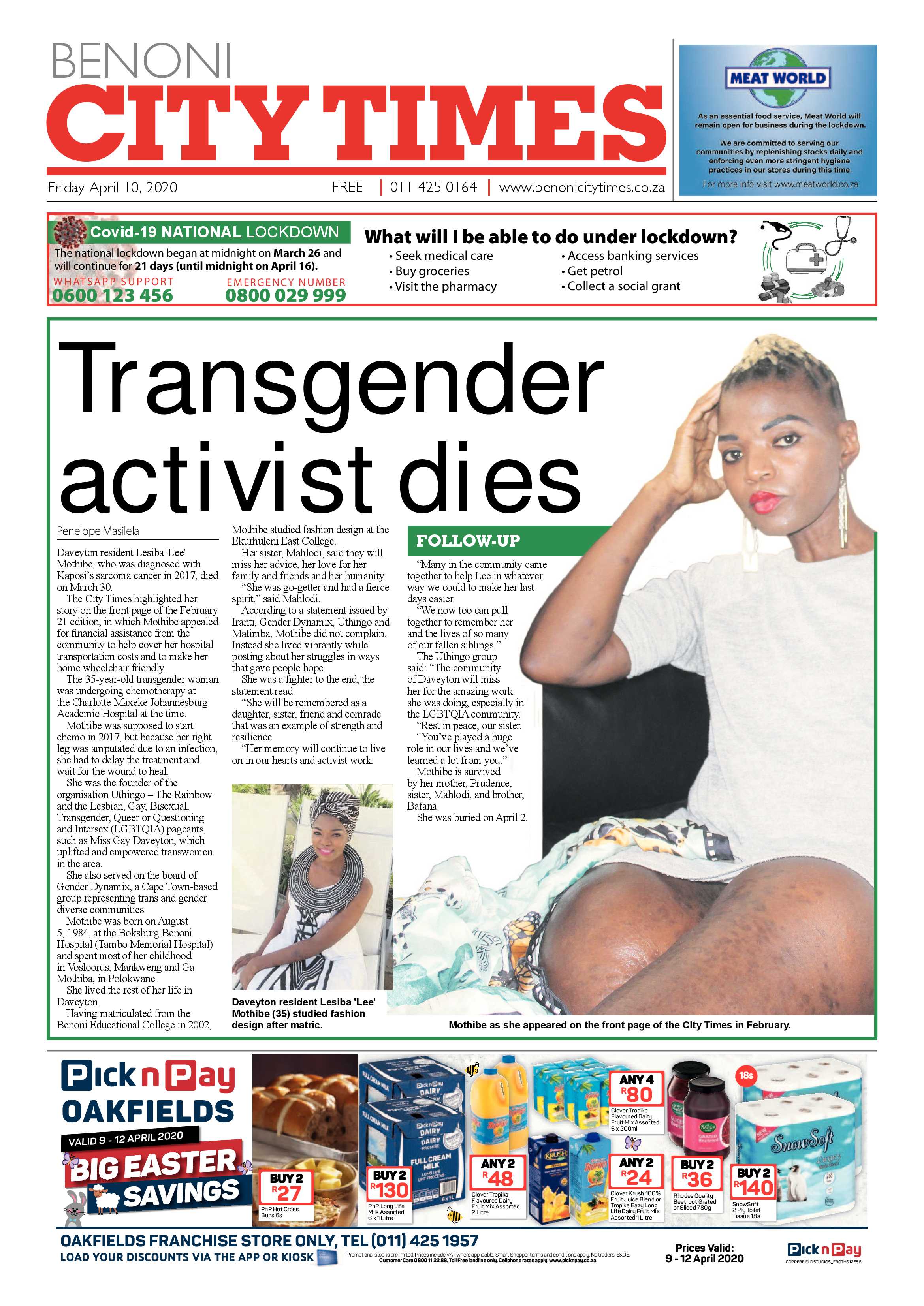 Benoni City Times 9 April 2020 page 1