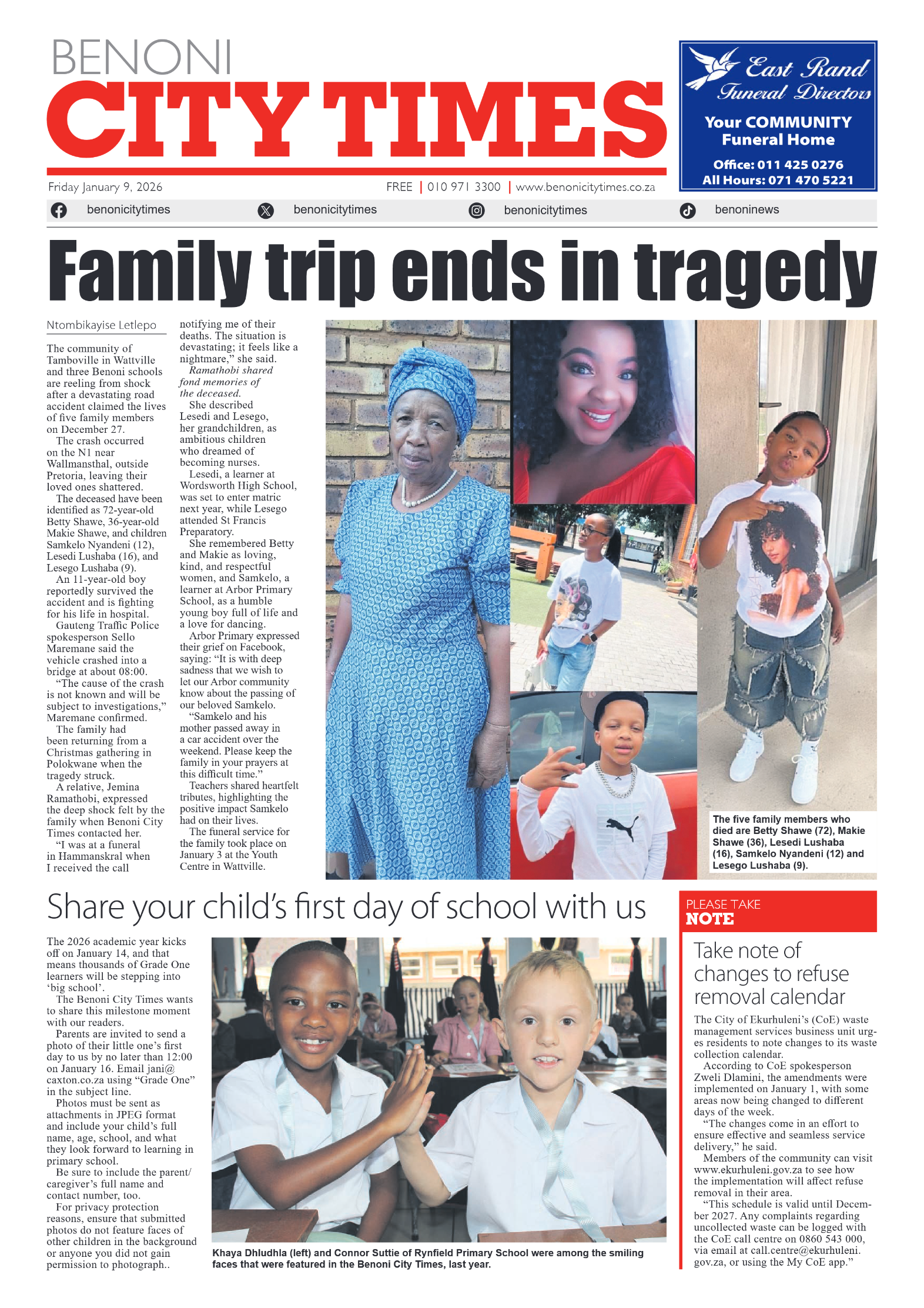 Benoni City Times 9 January 2026 page 1