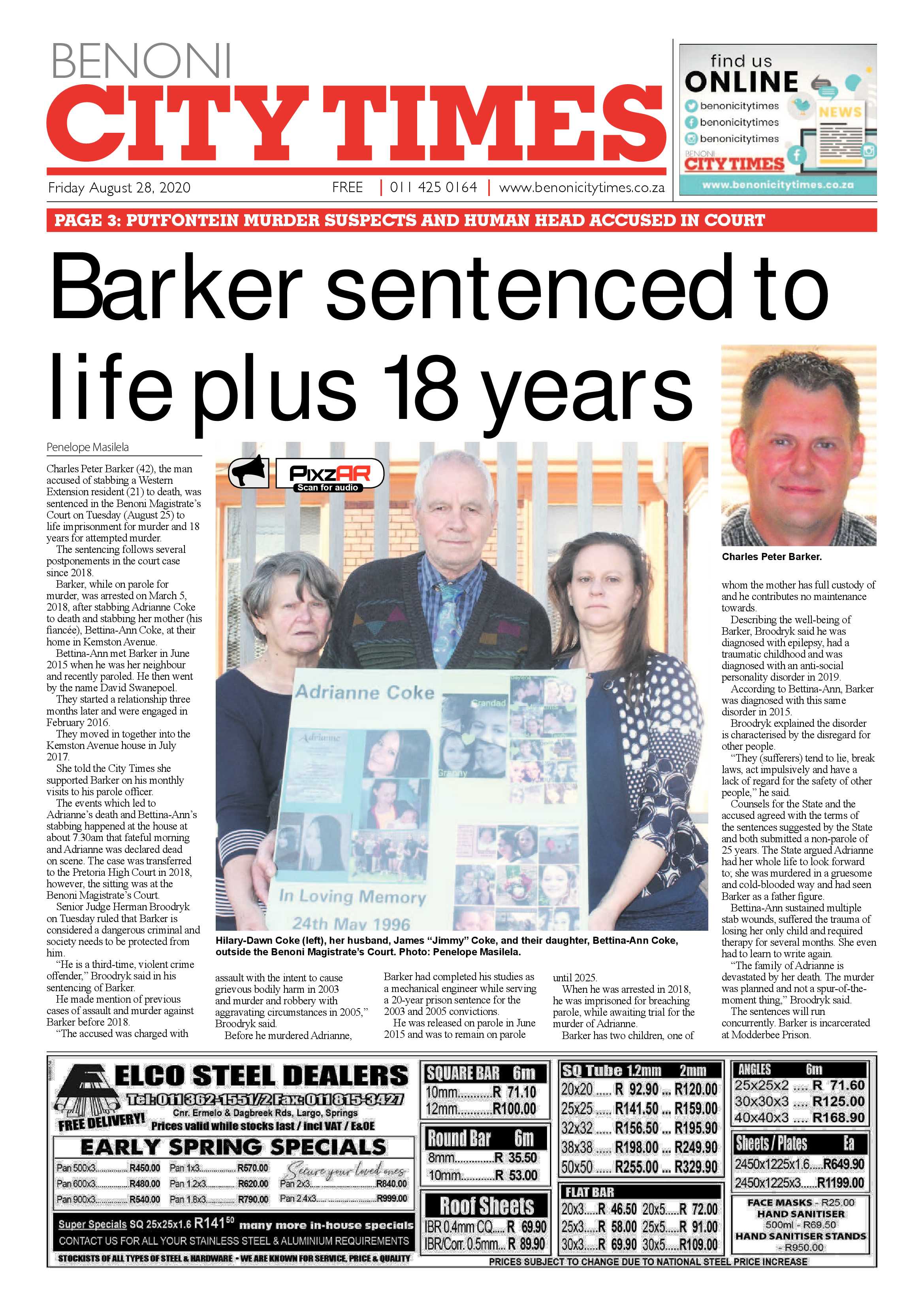 Benoni City times 27 August 2020 page 1